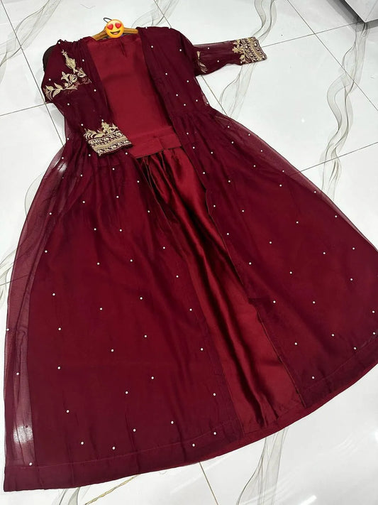 Maroon Shamoz Silk Gown Suit for Wear